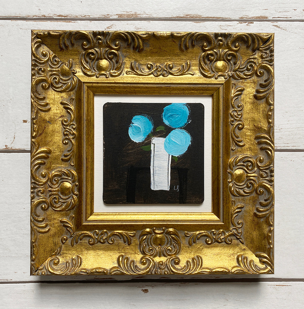 3 Tall Blue Blooms In Aunty Ivy’s Glass Vase