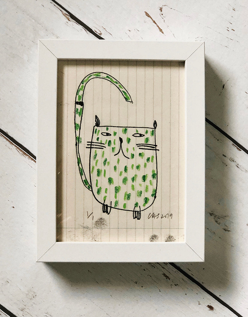 green cat - framed illustration