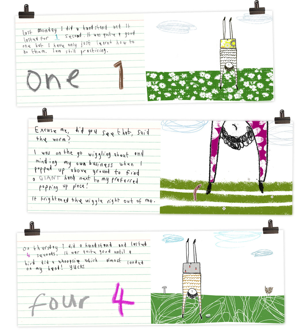 handstand, signed copy + original A4 black & white character drawing.