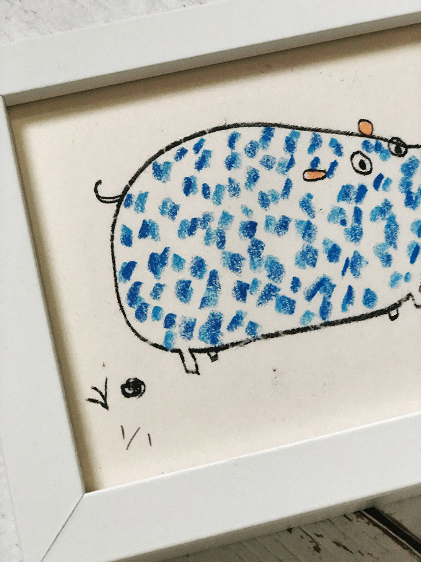 blue hippo - framed illustration