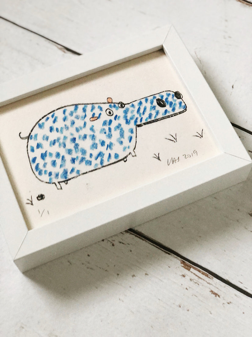 blue hippo - framed illustration