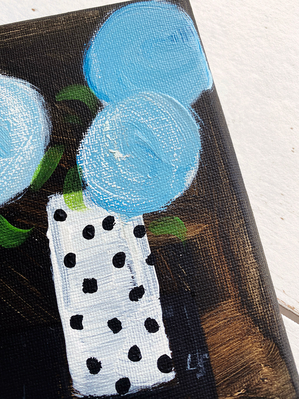 Three Blue Blooms In Mum's Spotty Vase