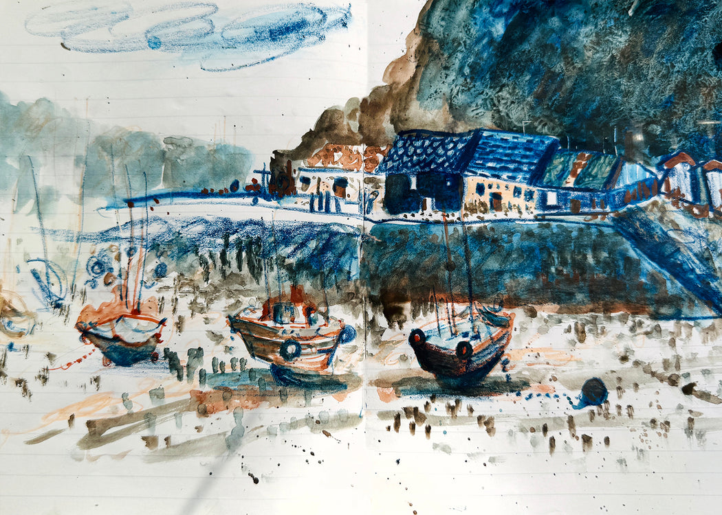 Watercolor painting of a coastal scene with boats and buildings.