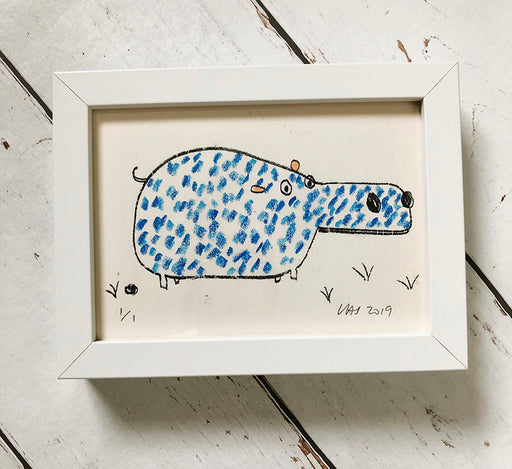 blue hippo - framed illustration